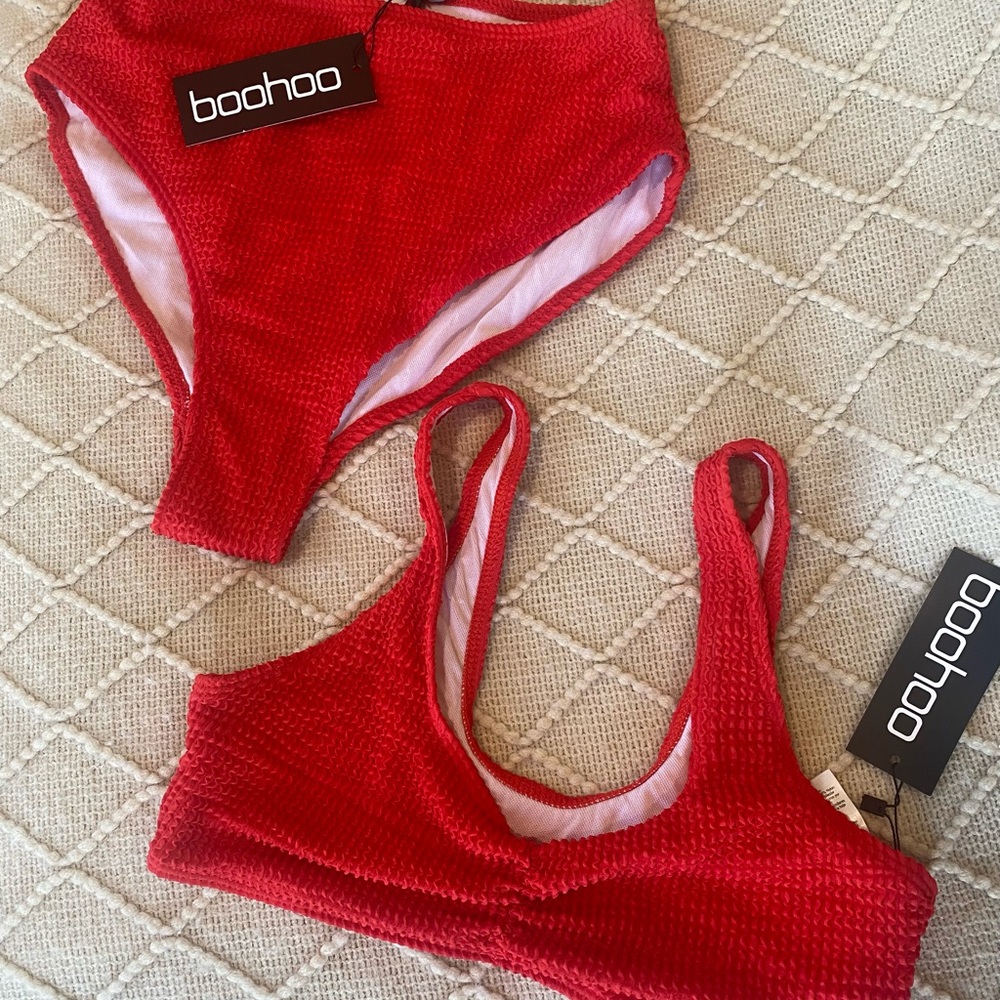 Boohoo red ruched swim bikini set size 6/8 (high waisted bottoms)
